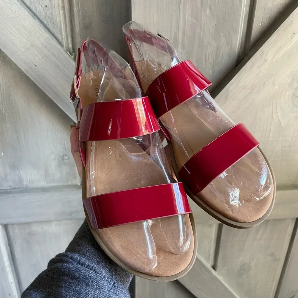 NEW Red Patent Ankle Strap Flat Sandals Women's Open‎ Toe Casual Summer Shoes 10 - Picture 3 of 7